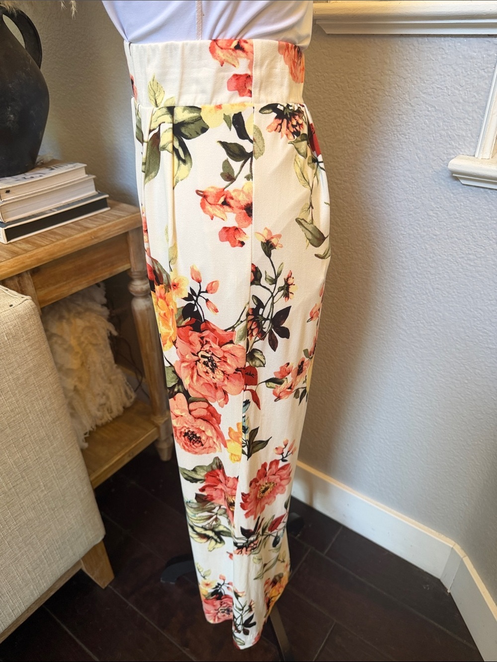 JLUXLABEL Boho Floral Wide Leg Pants High Waist Flowy Palazzo Cream Multi SZ M - Picture 3 of 7